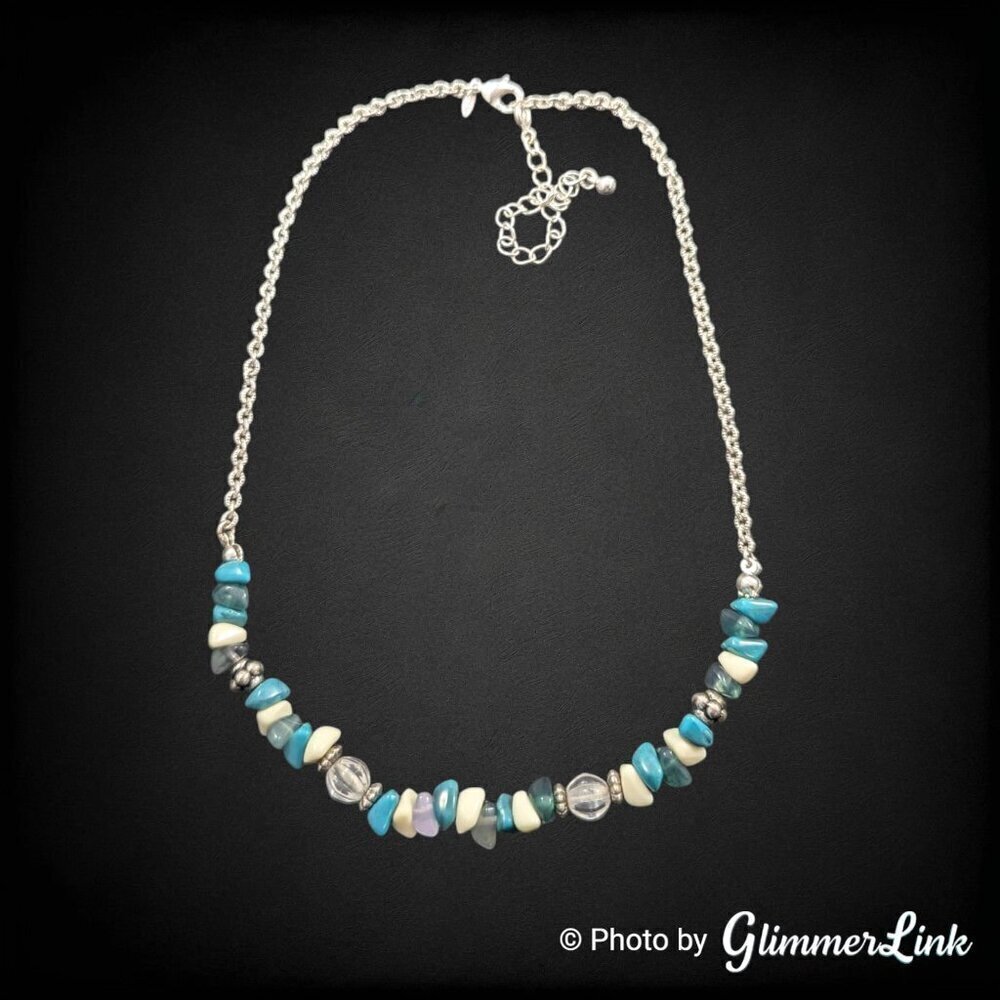 Avon Beaded Chain Faux Turquoise Chip Silver Tone Necklace